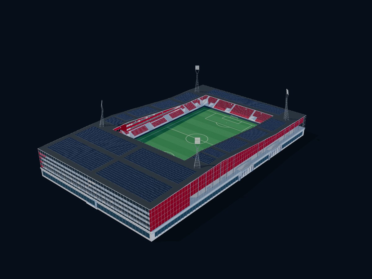 Le stade de la Maladière reconstitué en 3D, avec ses gradins rouges et sa pelouse.