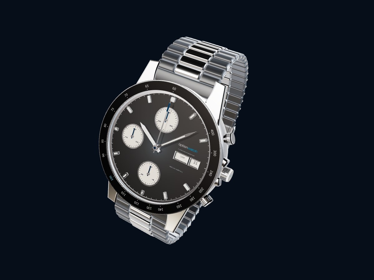 Option Watch en 3D : bracelet acier, cadran noir et trois compteurs de chronographe.