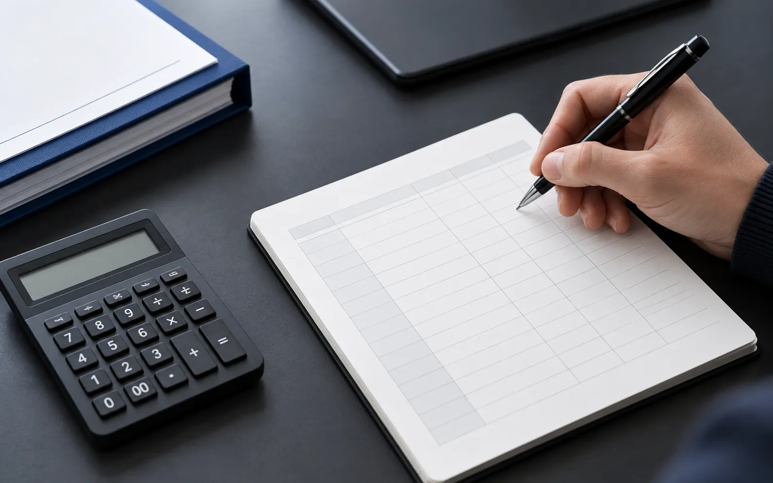 Préparation d’un budget sur un carnet, avec un stylo, une calculatrice et un dossier bleu.