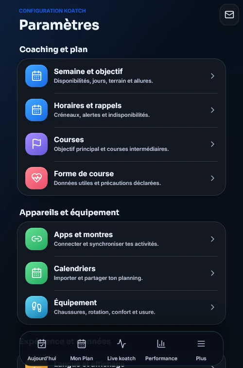 Koatch — Les paramètres et connexions · Mobile