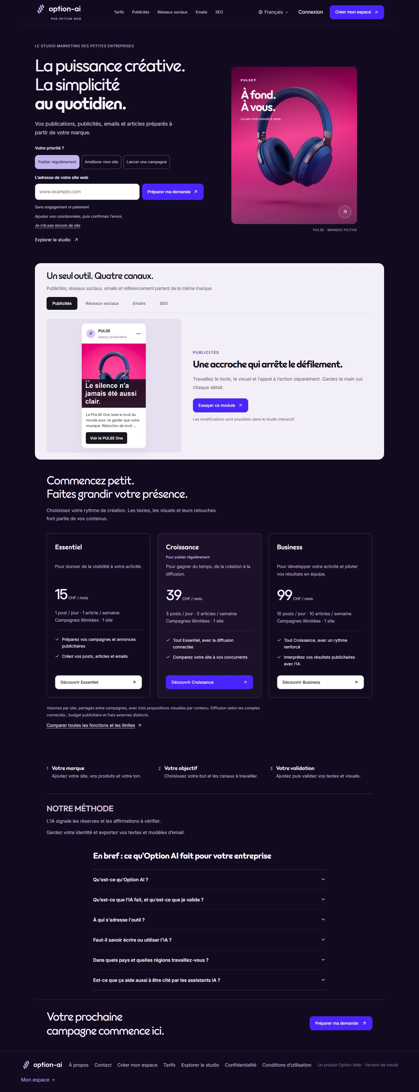 Page de présentation d’Option AI sur ordinateur