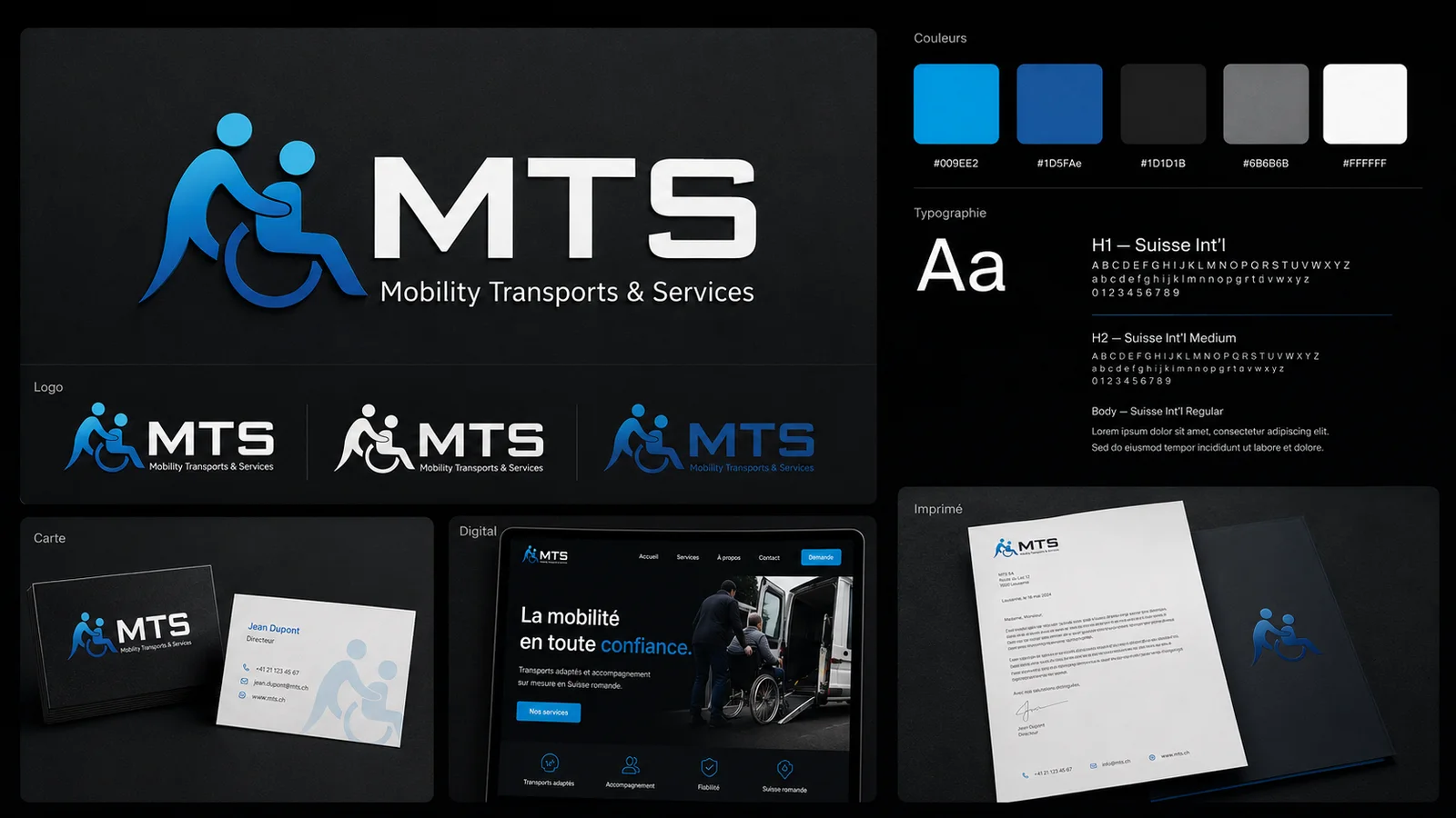 Moodboard MTS avec logo, palette bleue, typographies, carte de visite, site web et papier à lettre